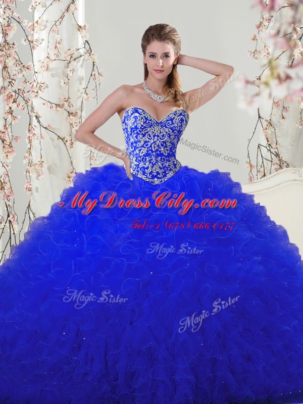 High End Royal Blue Tulle Lace Up Sweetheart Sleeveless Floor Length 15 Quinceanera Dress Beading and Appliques