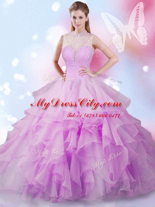 Custom Design Lilac Lace Up Quinceanera Gown Beading and Ruffles Sleeveless Floor Length