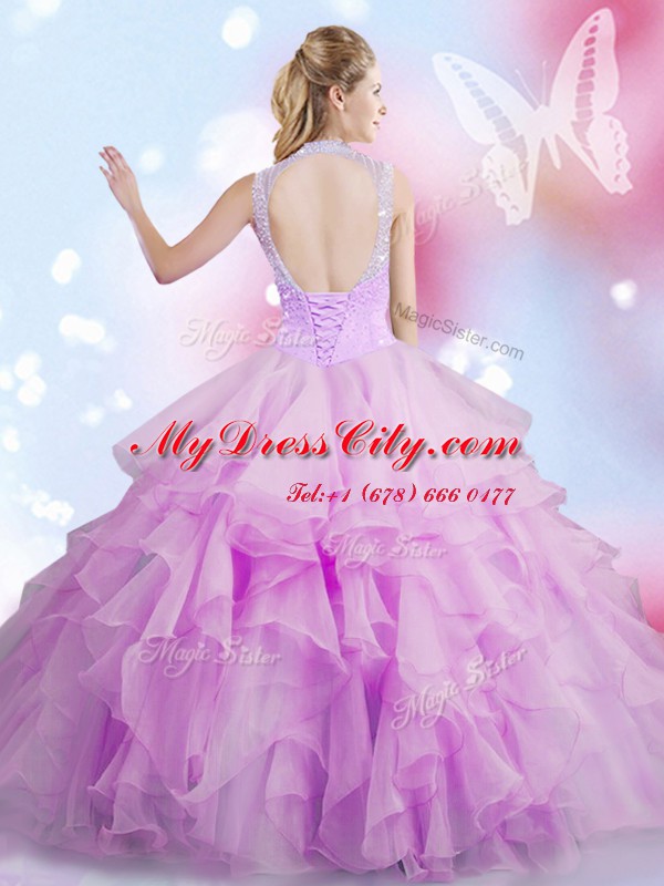 Custom Design Lilac Lace Up Quinceanera Gown Beading and Ruffles Sleeveless Floor Length