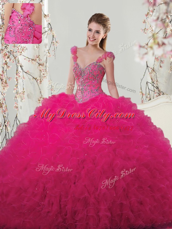 Glittering Straps Sleeveless Floor Length Beading and Ruffles and Hand Made Flower Lace Up Quince Ball Gowns with Hot Pink