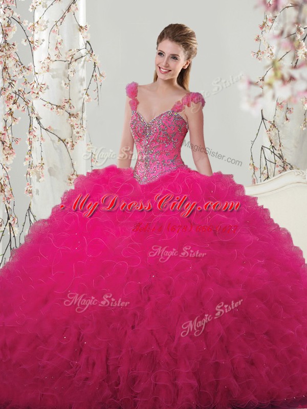 Glittering Straps Sleeveless Floor Length Beading and Ruffles and Hand Made Flower Lace Up Quince Ball Gowns with Hot Pink