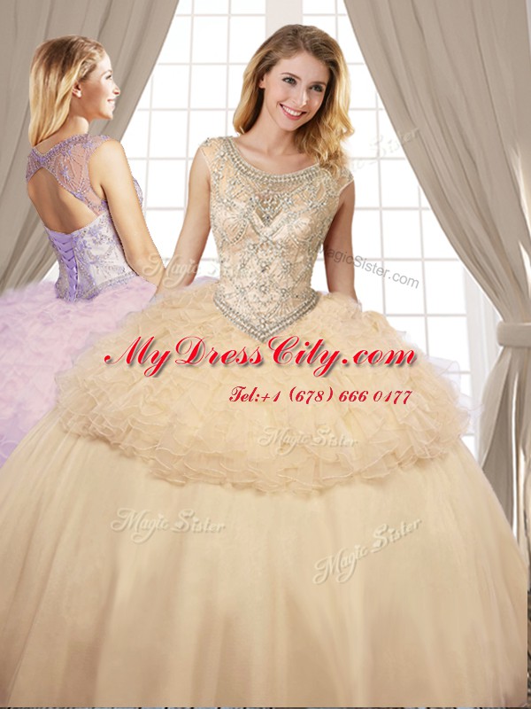 Attractive Champagne Organza and Tulle Lace Up Scoop Sleeveless Floor Length Quince Ball Gowns Beading and Ruffles