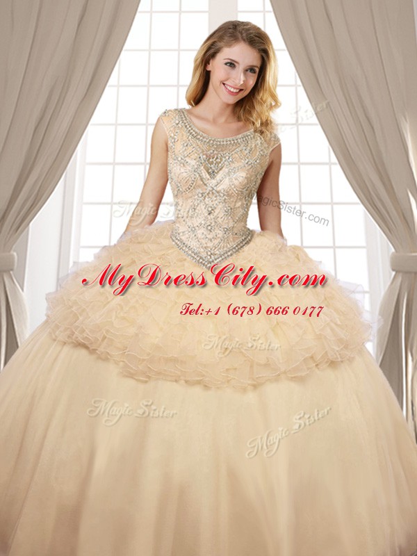 Attractive Champagne Organza and Tulle Lace Up Scoop Sleeveless Floor Length Quince Ball Gowns Beading and Ruffles