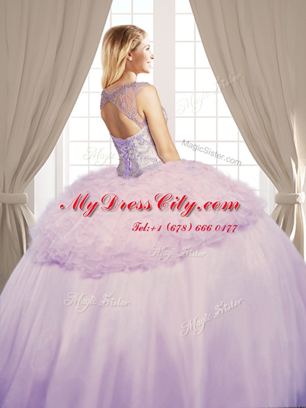 Attractive Champagne Organza and Tulle Lace Up Scoop Sleeveless Floor Length Quince Ball Gowns Beading and Ruffles