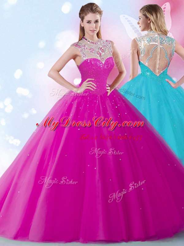 Dynamic Scoop Fuchsia Tulle Zipper Vestidos de Quinceanera Sleeveless Floor Length Beading and Sequins