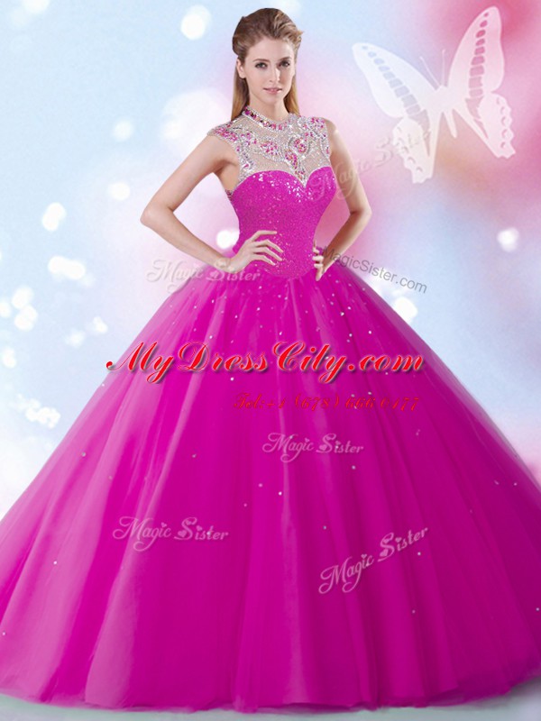 Dynamic Scoop Fuchsia Tulle Zipper Vestidos de Quinceanera Sleeveless Floor Length Beading and Sequins