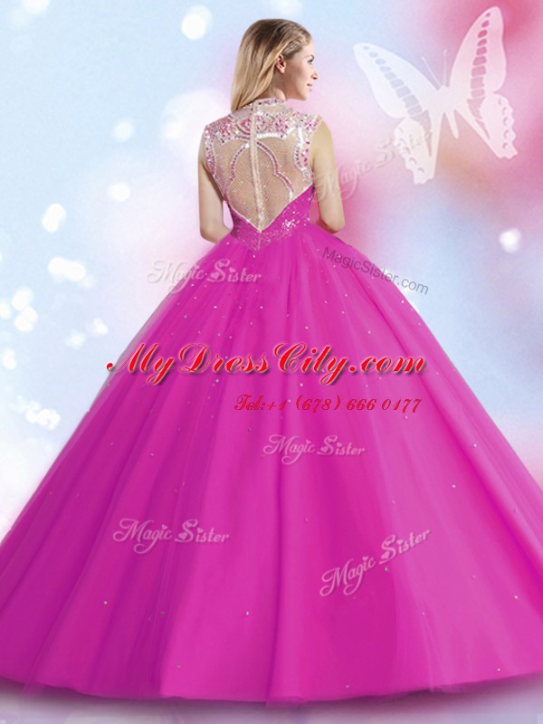 Dynamic Scoop Fuchsia Tulle Zipper Vestidos de Quinceanera Sleeveless Floor Length Beading and Sequins