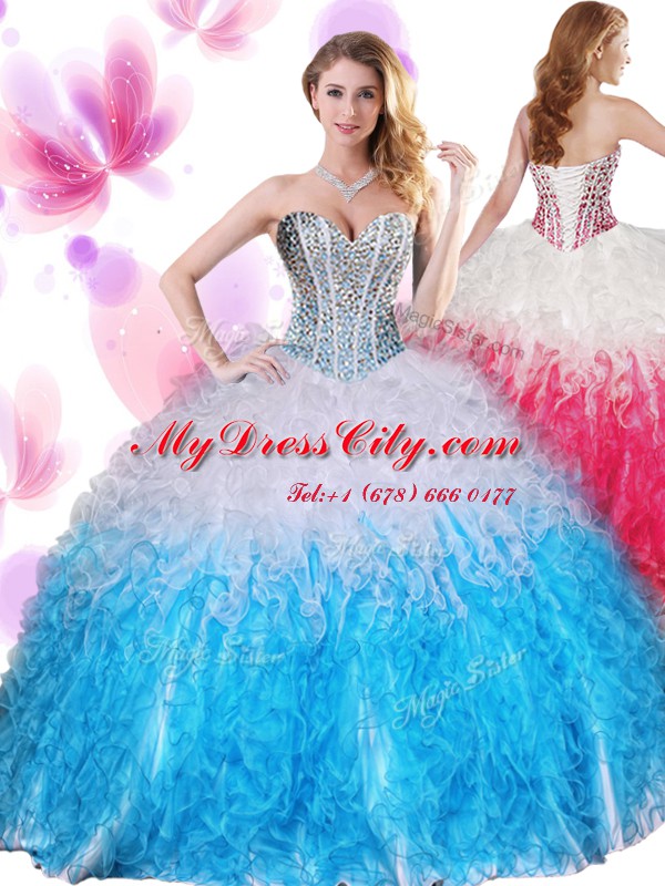 Floor Length Lace Up Quinceanera Gown Blue And White for Military Ball and Sweet 16 and Quinceanera with Beading and Ruffles