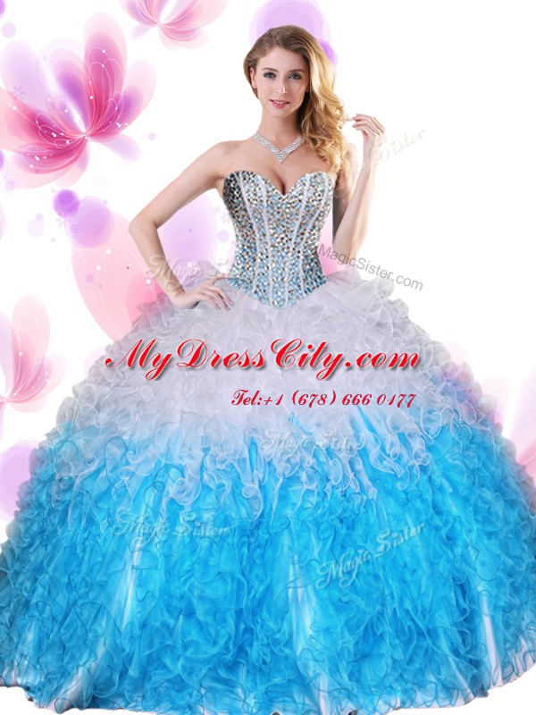 Floor Length Lace Up Quinceanera Gown Blue And White for Military Ball and Sweet 16 and Quinceanera with Beading and Ruffles