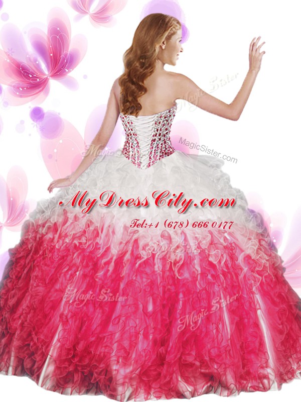 Floor Length Lace Up Quinceanera Gown Blue And White for Military Ball and Sweet 16 and Quinceanera with Beading and Ruffles