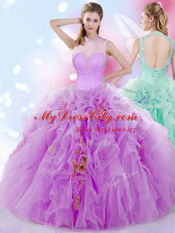 Halter Top Lilac Ball Gowns Beading and Ruffles Ball Gown Prom Dress Lace Up Tulle Sleeveless Floor Length