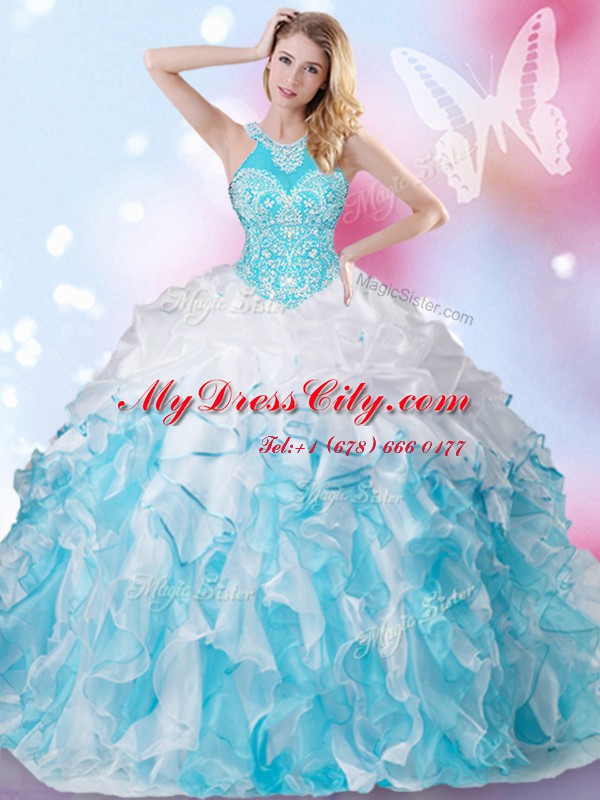 Halter Top Blue And White Sleeveless Floor Length Beading and Ruffles and Pick Ups Lace Up Quinceanera Gown