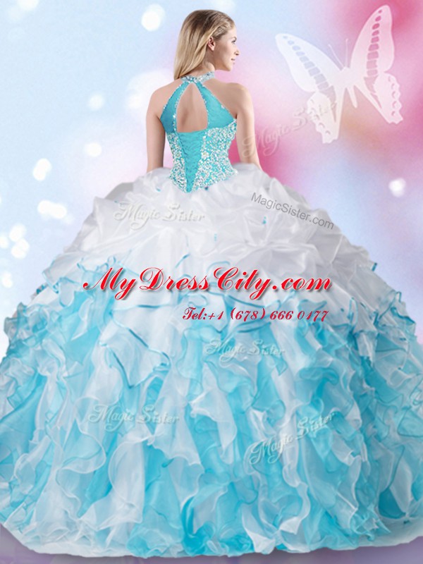 Halter Top Blue And White Sleeveless Floor Length Beading and Ruffles and Pick Ups Lace Up Quinceanera Gown