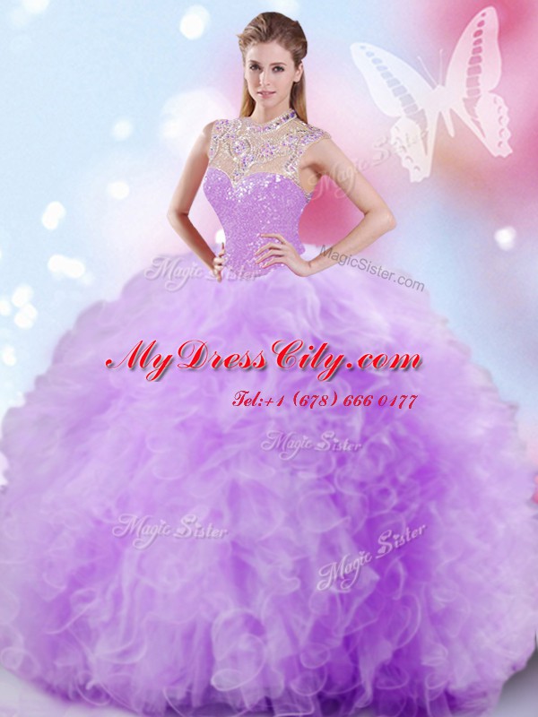 Chic Sleeveless Floor Length Beading and Ruffles and Sequins Zipper Quinceanera Dresses with Lavender