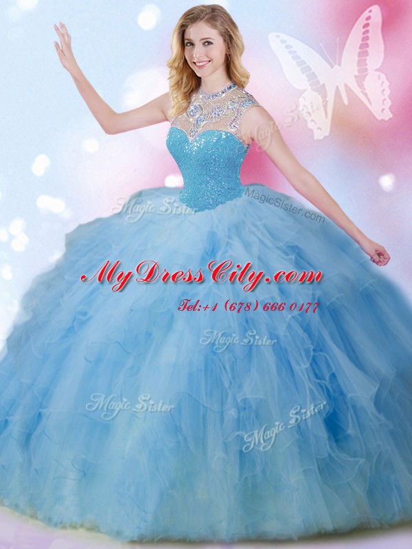 Hot Sale Blue Sleeveless Floor Length Beading and Ruffles and Sequins Zipper Sweet 16 Dresses