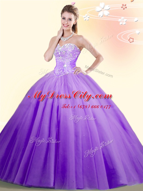 Modern Tulle Sweetheart Sleeveless Lace Up Beading 15th Birthday Dress in Lilac