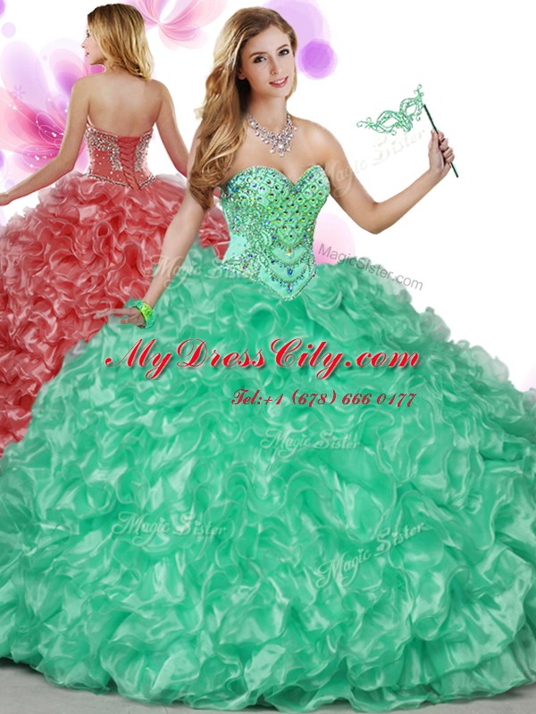 Wonderful Sweetheart Sleeveless Sweet 16 Dresses Floor Length Beading and Ruffles Green Organza