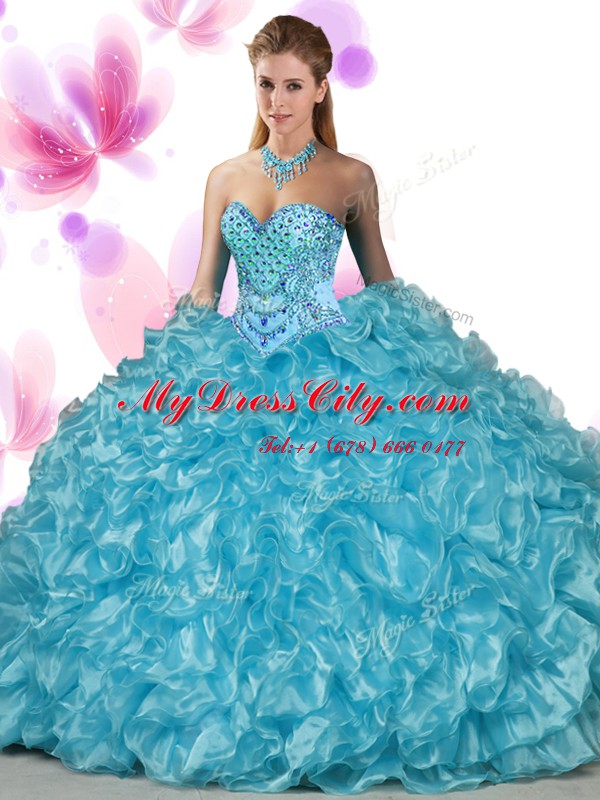 Wonderful Sweetheart Sleeveless Sweet 16 Dresses Floor Length Beading and Ruffles Green Organza