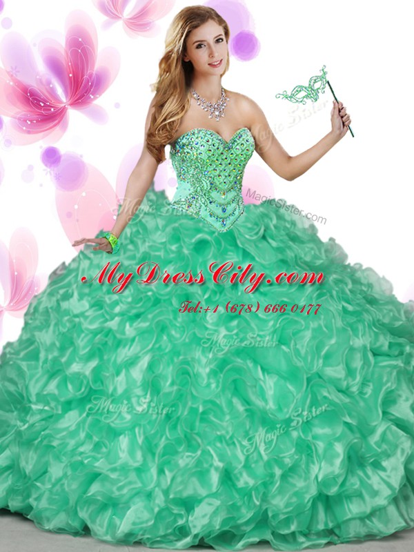 Wonderful Sweetheart Sleeveless Sweet 16 Dresses Floor Length Beading and Ruffles Green Organza