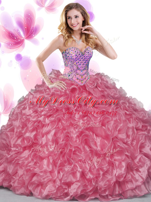 Wonderful Sweetheart Sleeveless Sweet 16 Dresses Floor Length Beading and Ruffles Green Organza