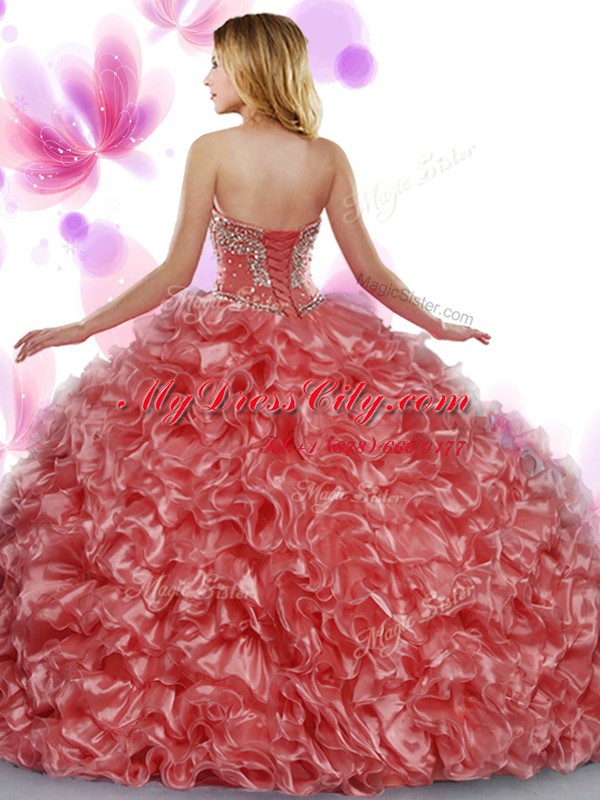 Wonderful Sweetheart Sleeveless Sweet 16 Dresses Floor Length Beading and Ruffles Green Organza