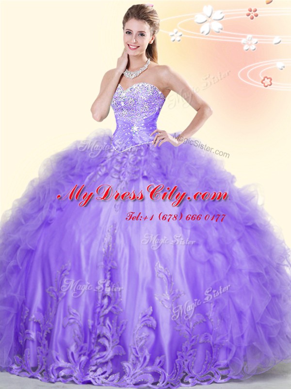 Hot Sale Lavender Sweetheart Neckline Beading and Appliques and Ruffles Sweet 16 Quinceanera Dress Sleeveless Lace Up