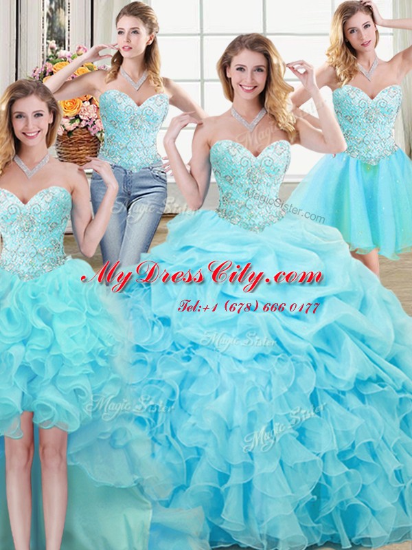 Perfect Four Piece Aqua Blue Organza Lace Up 15th Birthday Dress Sleeveless Floor Length Beading and Ruffles and Pick Ups