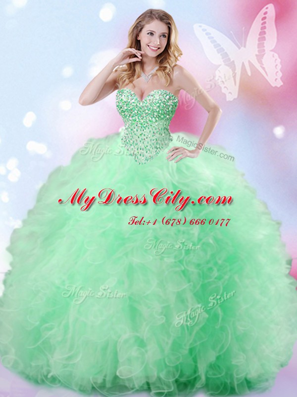 Apple Green Sleeveless Beading and Ruffles Floor Length Quinceanera Gown