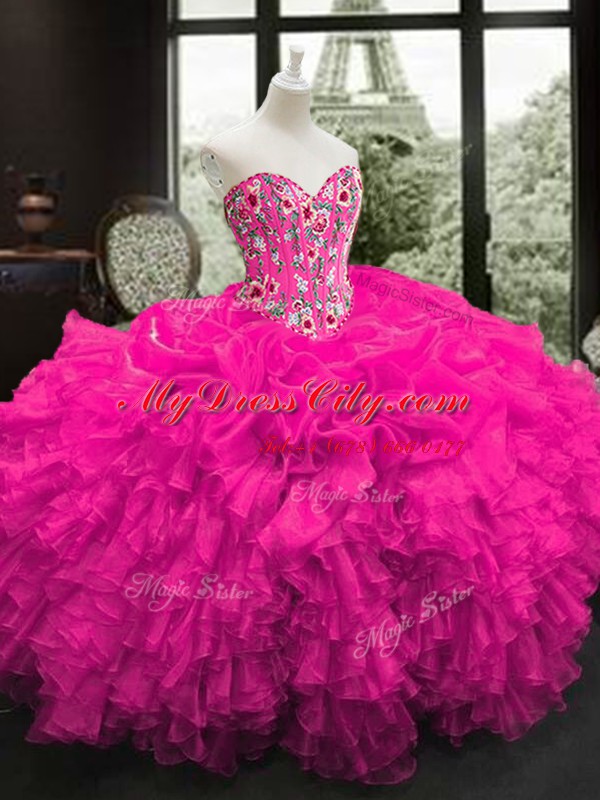 Glittering Sweetheart Sleeveless Lace Up Sweet 16 Dresses Fuchsia Organza