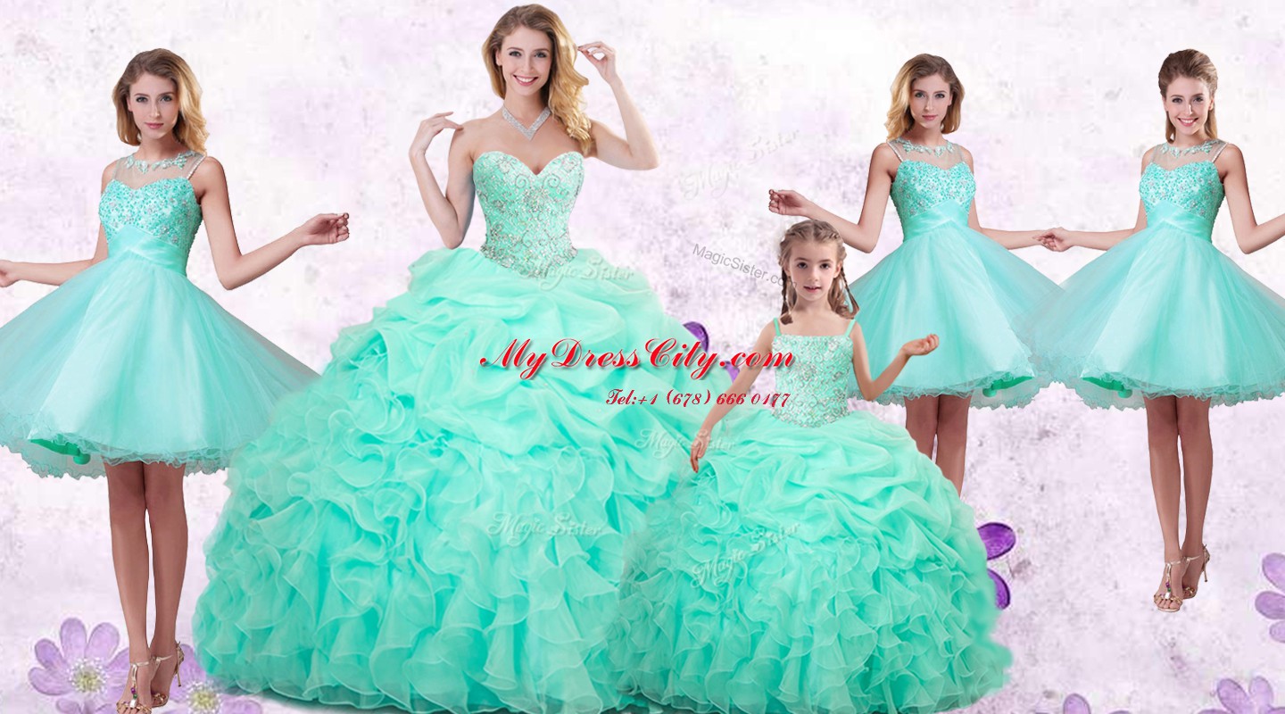 Flirting Organza Sweetheart Sleeveless Lace Up Beading and Ruffles and Pick Ups Quinceanera Dress in Apple Green