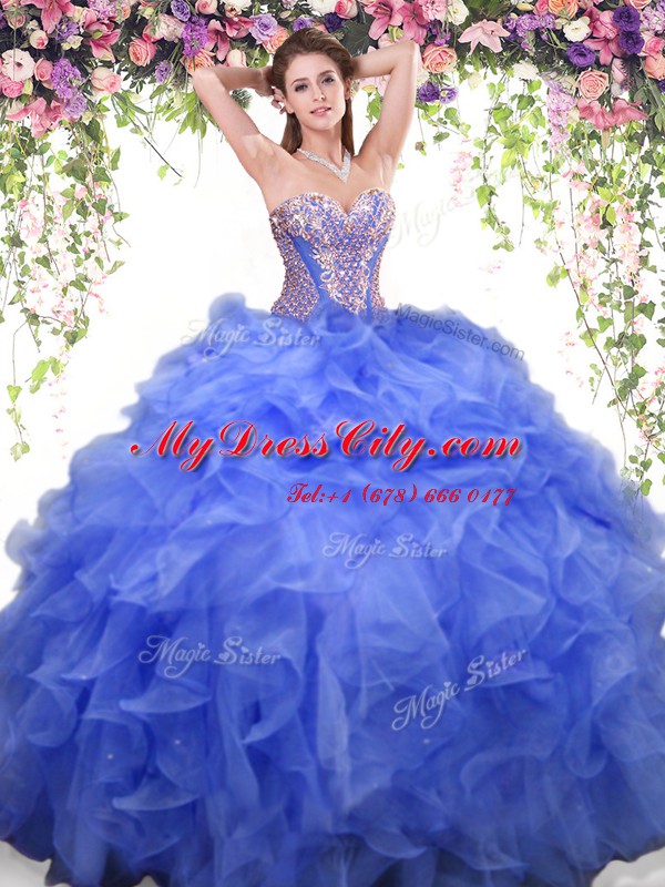 Sleeveless Floor Length Beading and Ruffles Lace Up Vestidos de Quinceanera with Blue