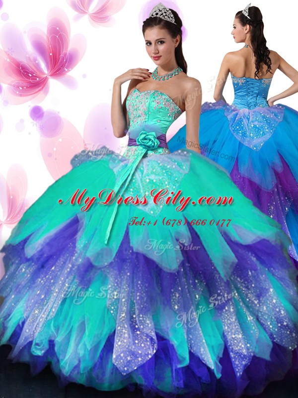 Colorful Tulle Sweetheart Sleeveless Lace Up Appliques and Ruffled Layers and Hand Made Flower Sweet 16 Dress in Multi-color