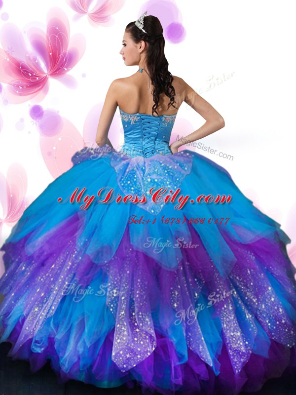 Colorful Tulle Sweetheart Sleeveless Lace Up Appliques and Ruffled Layers and Hand Made Flower Sweet 16 Dress in Multi-color