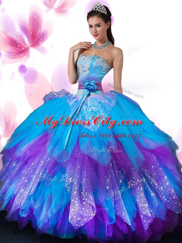 Colorful Tulle Sweetheart Sleeveless Lace Up Appliques and Ruffled Layers and Hand Made Flower Sweet 16 Dress in Multi-color