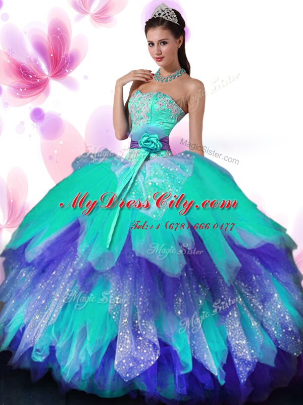 Colorful Tulle Sweetheart Sleeveless Lace Up Appliques and Ruffled Layers and Hand Made Flower Sweet 16 Dress in Multi-color