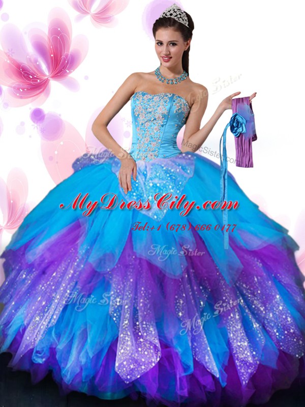 Colorful Tulle Sweetheart Sleeveless Lace Up Appliques and Ruffled Layers and Hand Made Flower Sweet 16 Dress in Multi-color