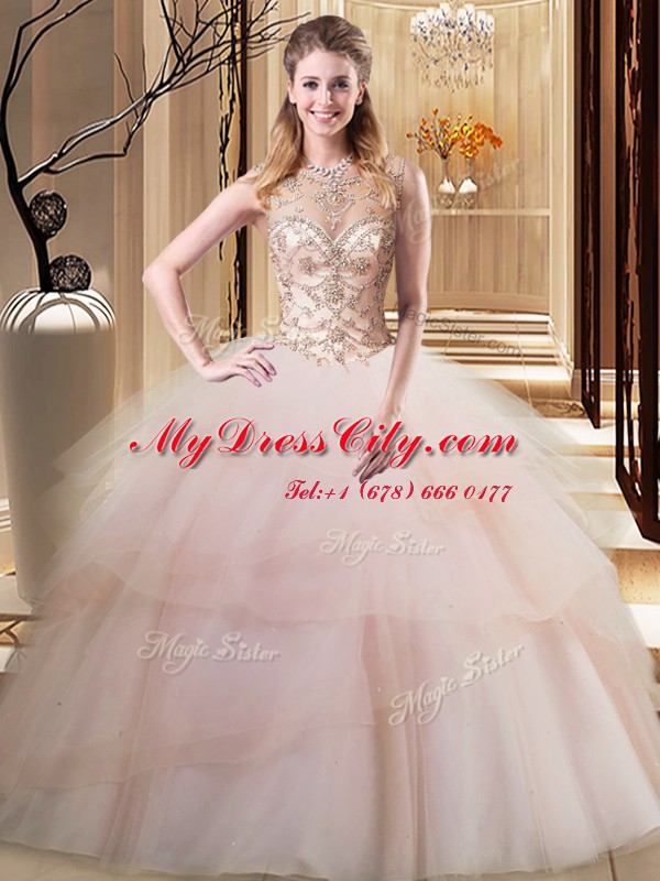 Ruffled Scoop Sleeveless Brush Train Lace Up Vestidos de Quinceanera Peach Tulle