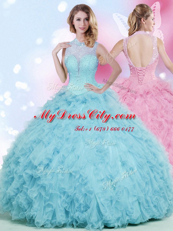 Eye-catching Baby Blue Sleeveless Floor Length Beading and Ruffles Lace Up 15th Birthday Dress