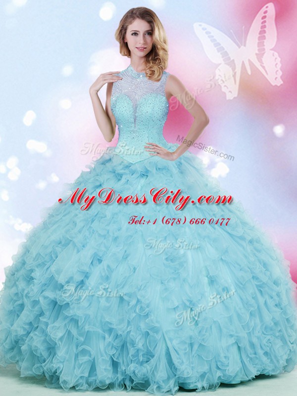 Eye-catching Baby Blue Sleeveless Floor Length Beading and Ruffles Lace Up 15th Birthday Dress