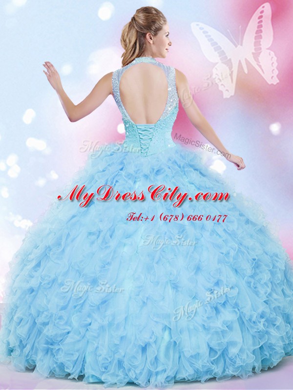 Eye-catching Baby Blue Sleeveless Floor Length Beading and Ruffles Lace Up 15th Birthday Dress