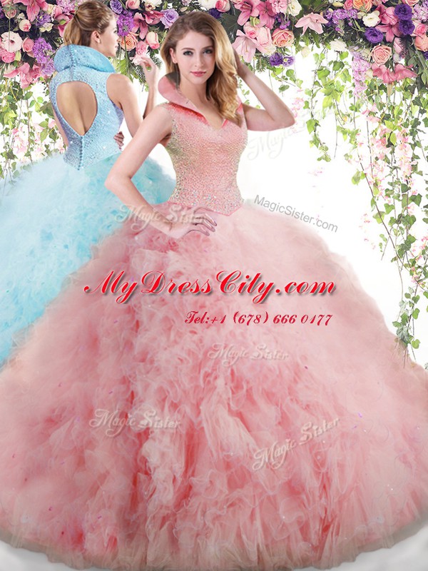 Inexpensive Beading and Ruffles Sweet 16 Quinceanera Dress Baby Pink Backless Sleeveless Floor Length