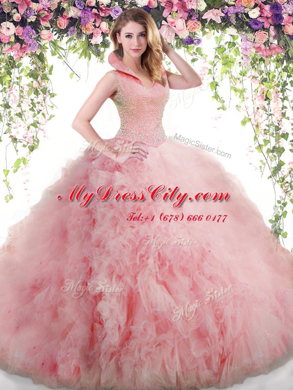 Inexpensive Beading and Ruffles Sweet 16 Quinceanera Dress Baby Pink Backless Sleeveless Floor Length