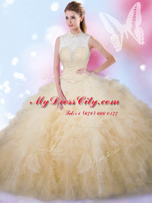 Deluxe Champagne Sleeveless Tulle Lace Up Vestidos de Quinceanera for Military Ball and Sweet 16 and Quinceanera