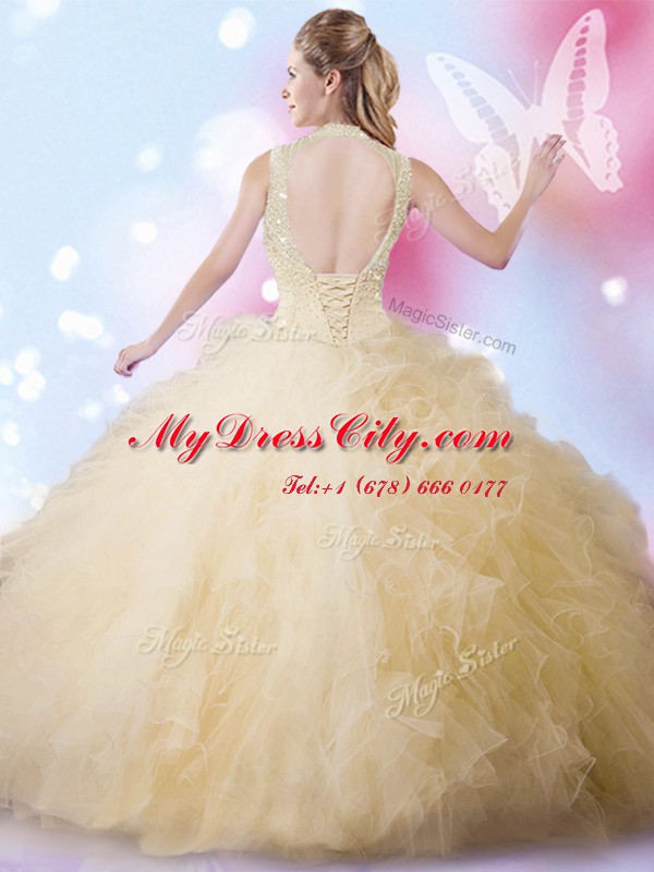 Deluxe Champagne Sleeveless Tulle Lace Up Vestidos de Quinceanera for Military Ball and Sweet 16 and Quinceanera