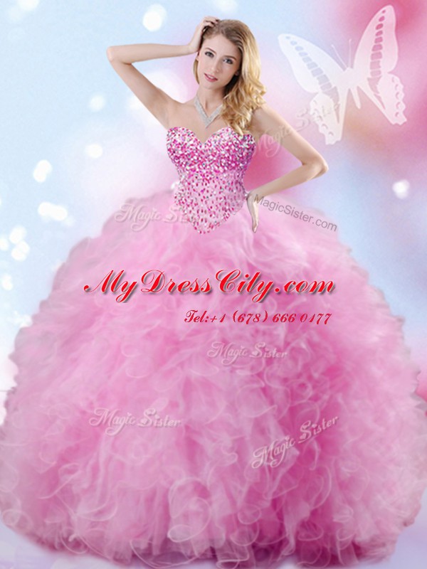 Romantic Sleeveless Floor Length Beading and Ruffles Lace Up Quinceanera Dress with Rose Pink