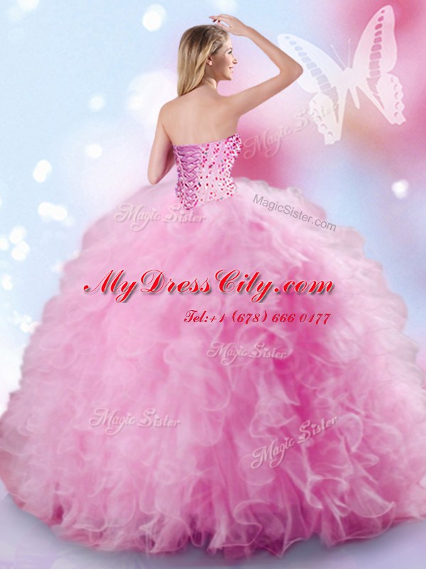 Romantic Sleeveless Floor Length Beading and Ruffles Lace Up Quinceanera Dress with Rose Pink