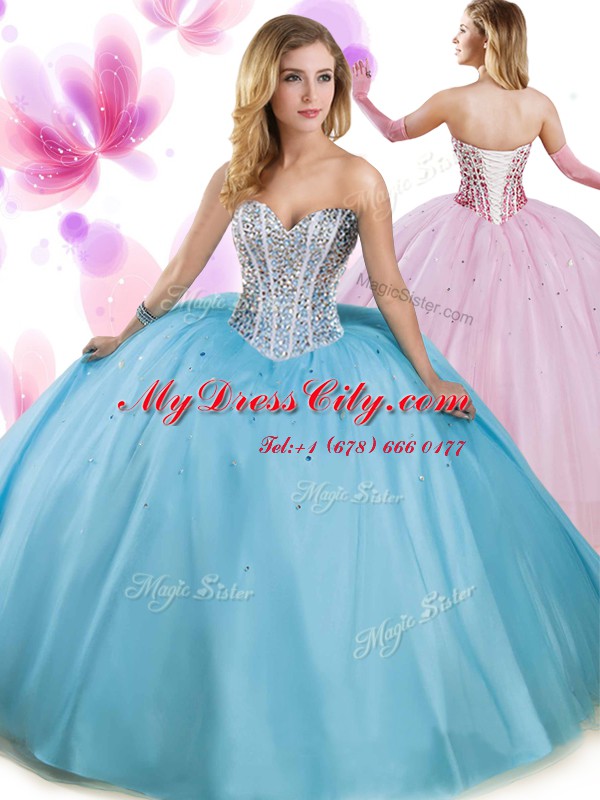 Customized Floor Length Aqua Blue Quince Ball Gowns Tulle Sleeveless Beading