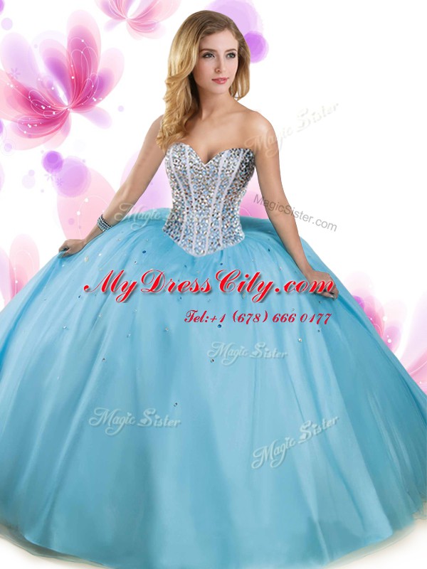 Customized Floor Length Aqua Blue Quince Ball Gowns Tulle Sleeveless Beading