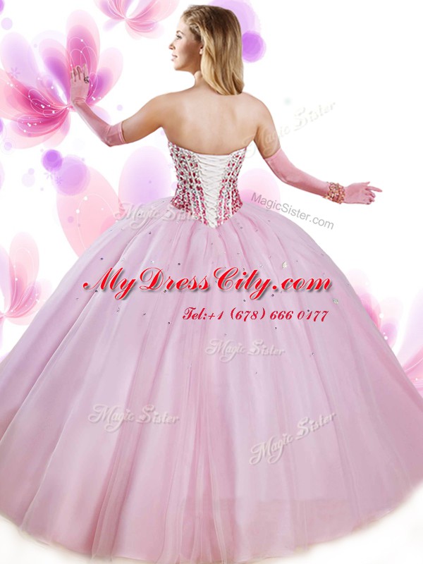 Customized Floor Length Aqua Blue Quince Ball Gowns Tulle Sleeveless Beading