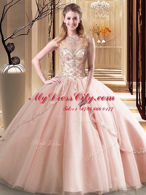 Captivating Peach Quince Ball Gowns Scoop Sleeveless Brush Train Lace Up